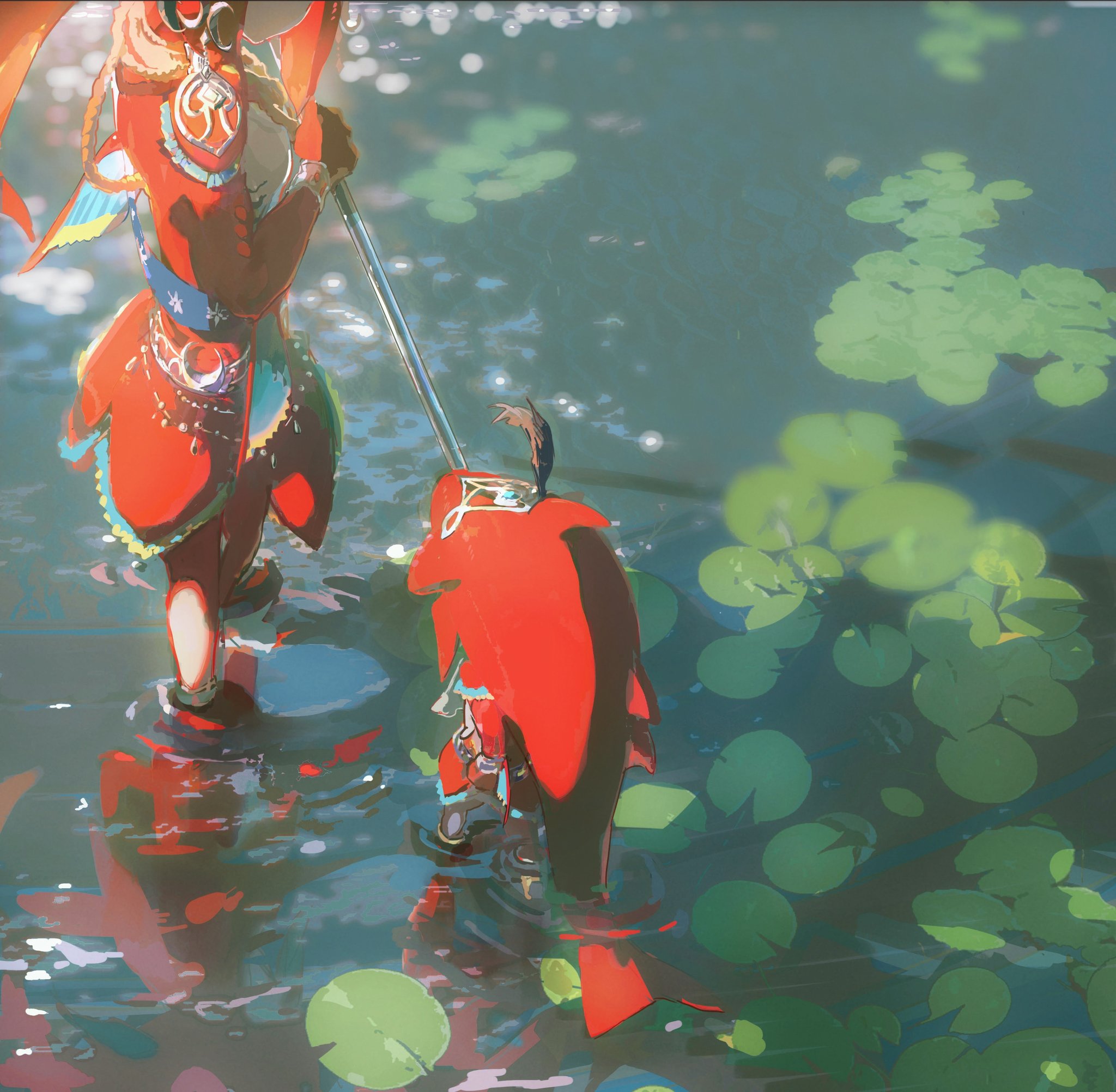 a young girl with orange hair and a red outfit is standing in a pond. she is holding a large fish on a string. the pond is filled with lily pads and the sun is shining. the water is reflecting the girl and the fish.