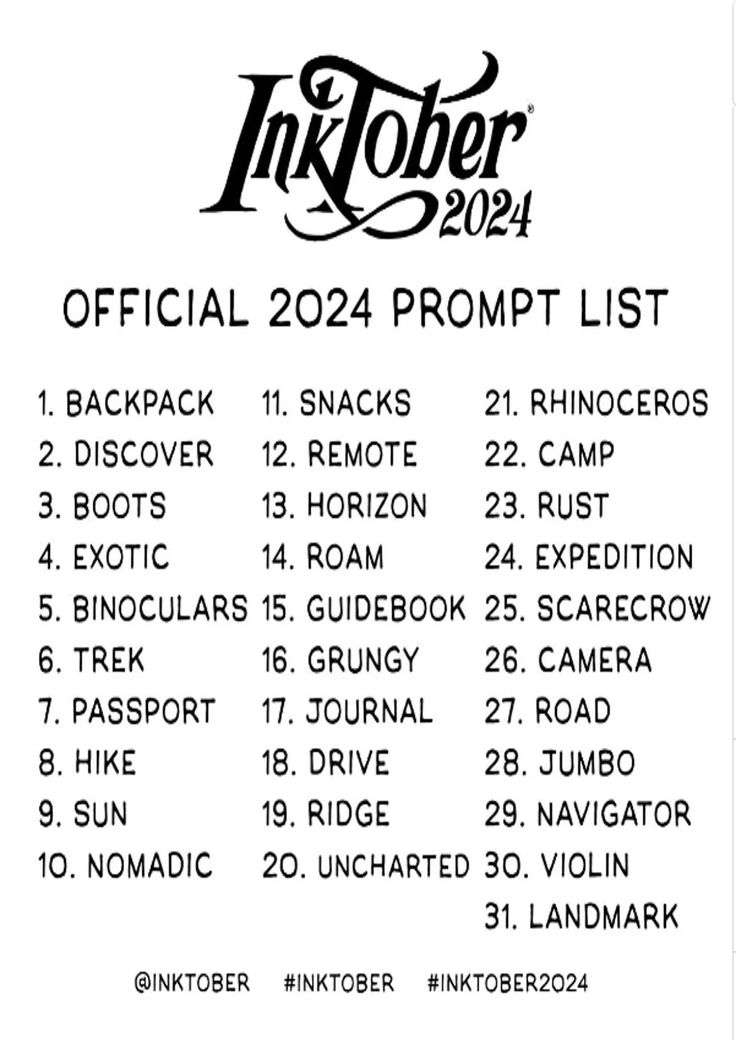 the image shows the official inktober 2024 prompt list. the list includes 31 words, one for each day of october, to inspire artists. the list is arranged in numerical order, with words like "backpack," "discover," "rhinoceros," and "landmark." the inktober logo is at the top and social media tags at the bottom.