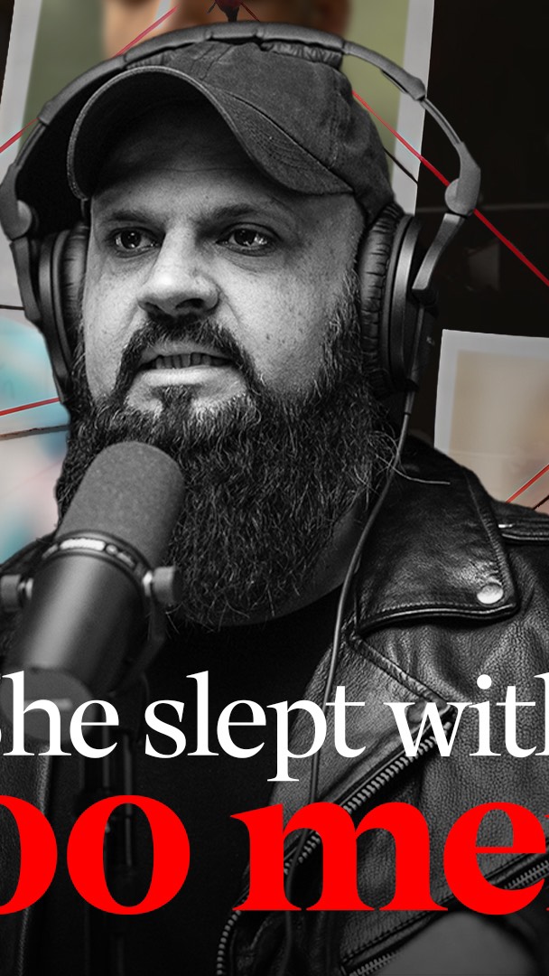 the image is a stylized promotional still for a podcast.  a man with a beard, wearing a baseball cap, headphones, and a black leather jacket, sits before a microphone. his expression is serious and somewhat intense.  the background is blurry and incorporates images that appear to be from the podcast's subject matter, suggesting a story that might involve a scandal or mystery.  large red text overlay on the image says "he slept with someone".  the overall tone is dark, dramatic, and suggestive of a revealing or shocking story.