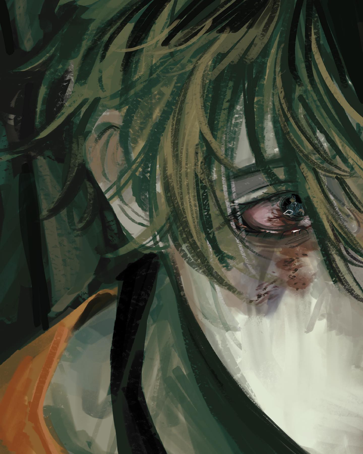 a closeup portrait of an anime girl with green hair. her eyes are red and swollen, and she looks very sad. the background is dark and shadowy, adding to the mood of the image.