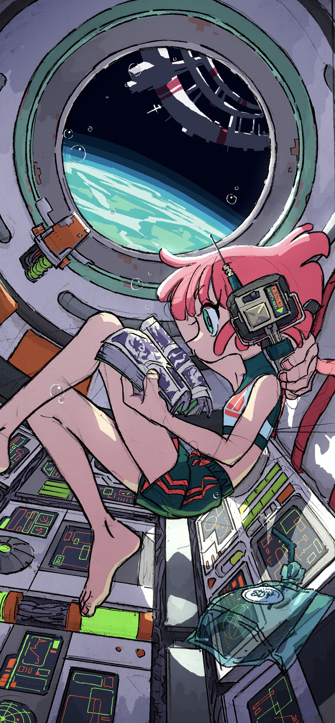 a young woman with pink hair, wearing a green and red uniform, is relaxing in the cockpit of a spaceship. she is reading a book and wearing headphones. the porthole behind her shows the earth from space. the interior of the cockpit is detailed with buttons, levers, and screens. the overall atmosphere is calm and serene.