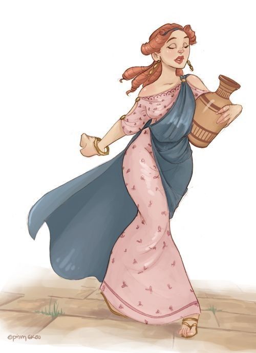 the illustration depicts a young, smiling redhead woman dressed in a pink, floralpatterned chiton and a flowing blue peplos (shawl). she is carrying a terracotta water jar (amphora) and appears to be either dancing or walking lightly along a stone path. the style is reminiscent of classical art but with a soft, cartoonish feel to the digital painting. the setting is a simple outdoor scene. the overall impression is one of carefree joy and a graceful, slightly romanticized depiction of an ancient greek woman.