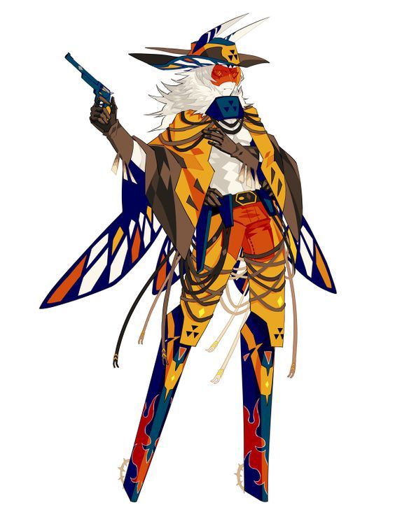 the image is a digital illustration of a stylized anthropomorphic character. the character appears to be a blend of human and insect features, most noticeably large, colorful mothlike wings and long, stiltlike legs.  they are dressed in a westernstyle outfit, including a widebrimmed hat, a long coat, and orange pants. the character holds a revolver in one hand, adding a gunslinger element to their attire. the overall color scheme is vibrant and bold, using contrasting shades of orange, blue, and yellow. the character's face is partially obscured by a mask, and their hair is long and white. the style is reminiscent of fantasy and character designs for video games or graphic novels.