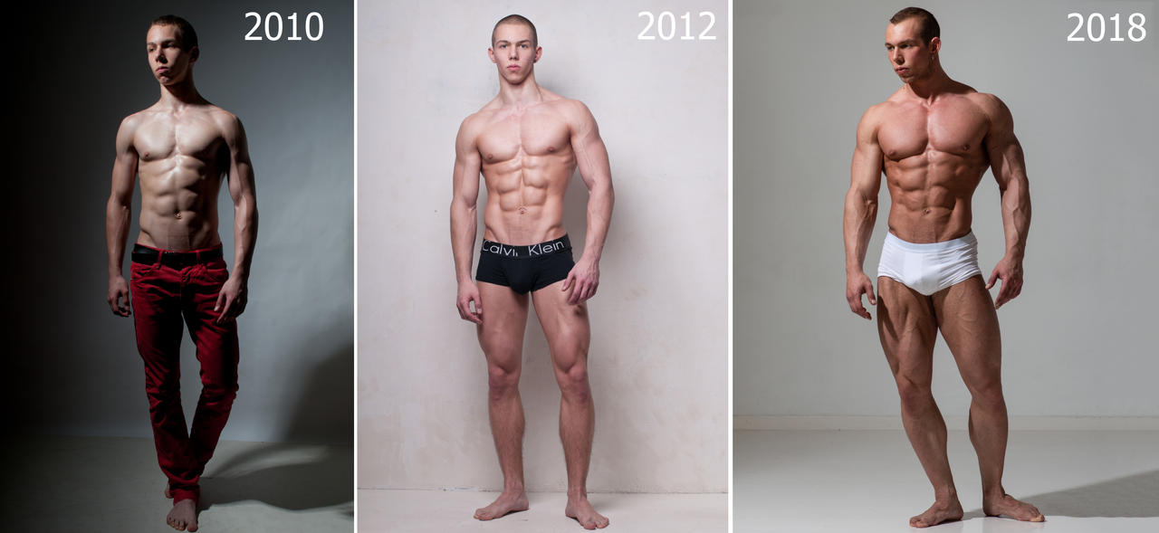 the image shows a split image showcasing the same male bodybuilder at three different points in time: 2010, 2012, and 2018.  the images clearly demonstrate significant muscle growth and development over the eight years.  the earlier images depict a lean but less muscular physique, while the later images show a highly developed, muscular build.  each image shows the man in different underwear or pants, standing against a light gray background.  the years are clearly labeled above each image.