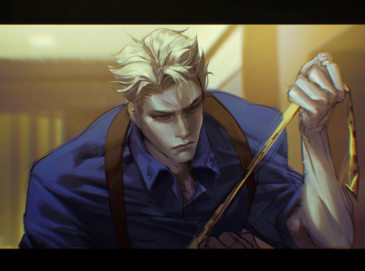 a digital illustration of a man with blonde hair, wearing a blue shirt with brown suspenders, holding a yellow stick. he is looking down with a serious expression. the background is blurred and appears to be a hallway.