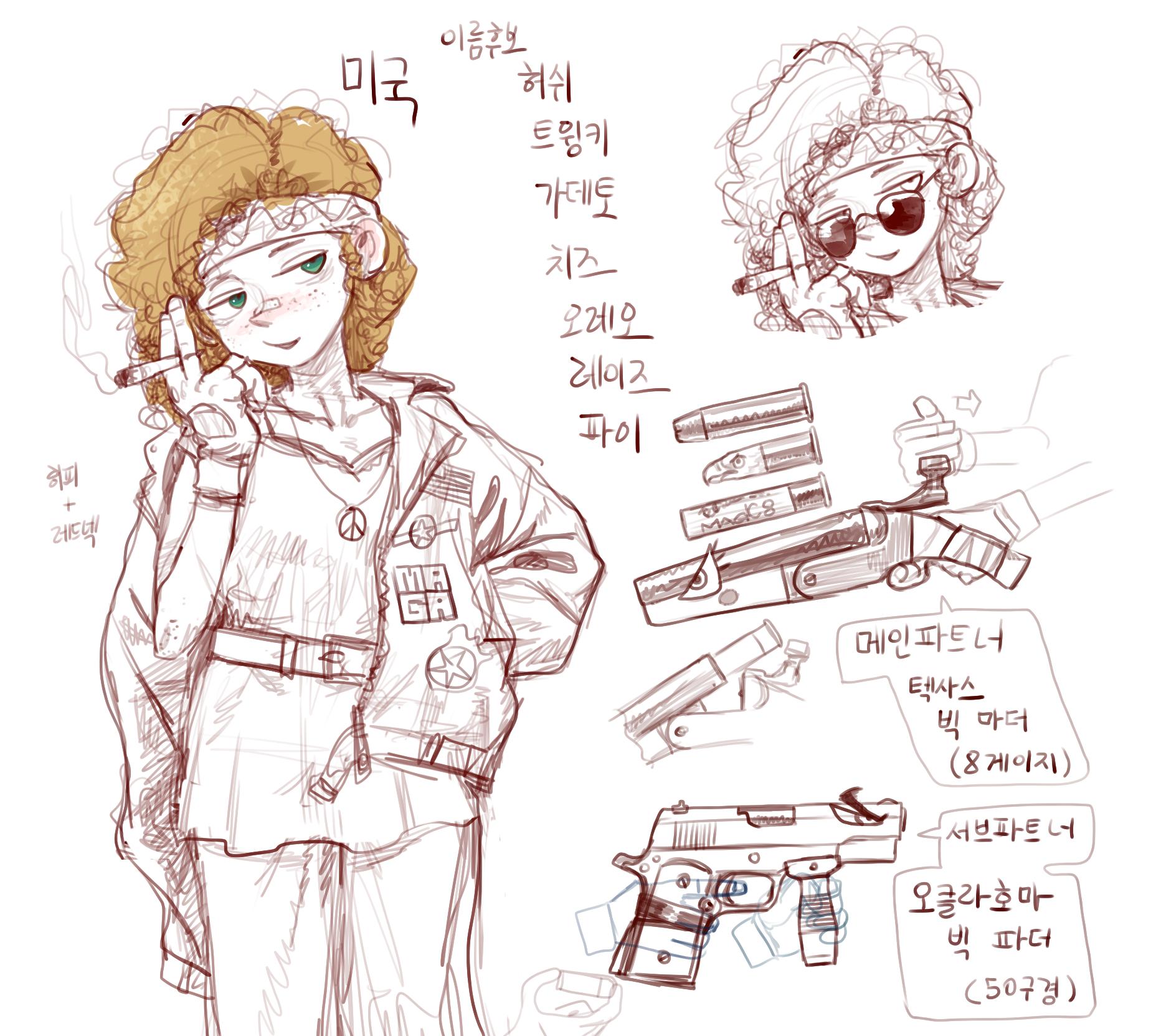 this is a drawing that depicts a woman, a young girl, a woman with a punk rock aesthetic, a cool fashion, maybe a rock and roll chick? she's wearing a headband, a jacket with a redneck logo and american flag, and a pair of sunglasses.  she has a gun in one hand and a cigarette in the other. she appears to be looking at something out of frame. there are other items near her, such as a pistol with "텍사스" and "빅 마더" on it, and another gun called "오클라호마" and "빅 파더". the drawing is in a style that is reminiscent of a comic book.  the woman's name is "미국 허쉬" and she is from the u.s.