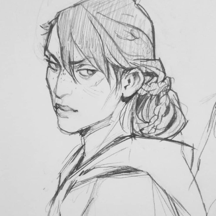 the image is a detailed pencil sketch of a young woman's portrait.  she is depicted from the shoulders up, in a threequarter view looking over her shoulder.  her expression is serious, almost pensive.  she has dark hair pulled back into a braid, visible at the back of her head.  freckles are subtly indicated on her face.  she appears to be wearing a hooded cloak or robe. the style is realistic, with careful attention paid to shading and texture to create depth and volume.  the drawing is done in shades of gray pencil.