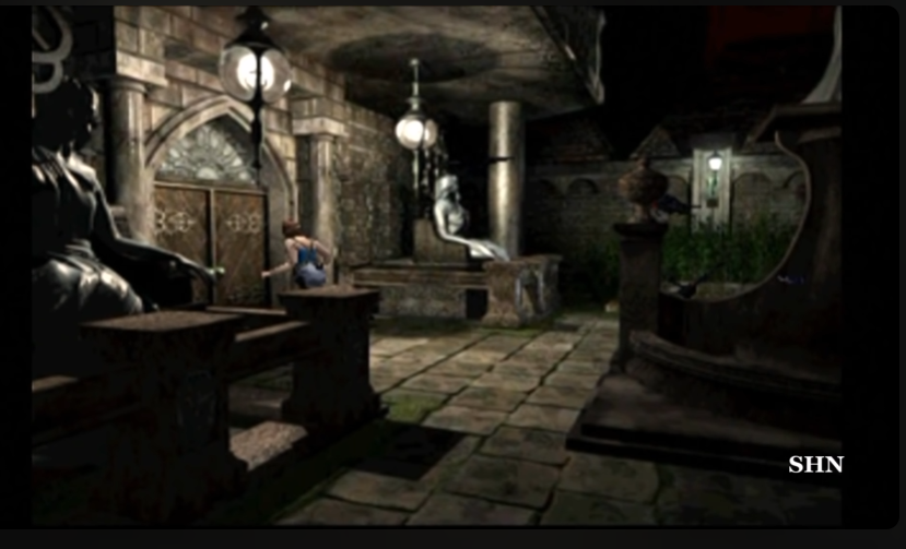 the image is a screenshot from a video game, likely in the survival horror genre. the setting appears to be a dimly lit, gothic crypt or tomb. the environment is primarily composed of stone, with arches, statues, and ornate decorations. in the center of the image, a woman is seen from behind, apparently exploring the space. the lighting is atmospheric and emphasizes the game's gloomy and mysterious tone. the overall palette is dark and muted, consisting primarily of grays, blacks, and browns.