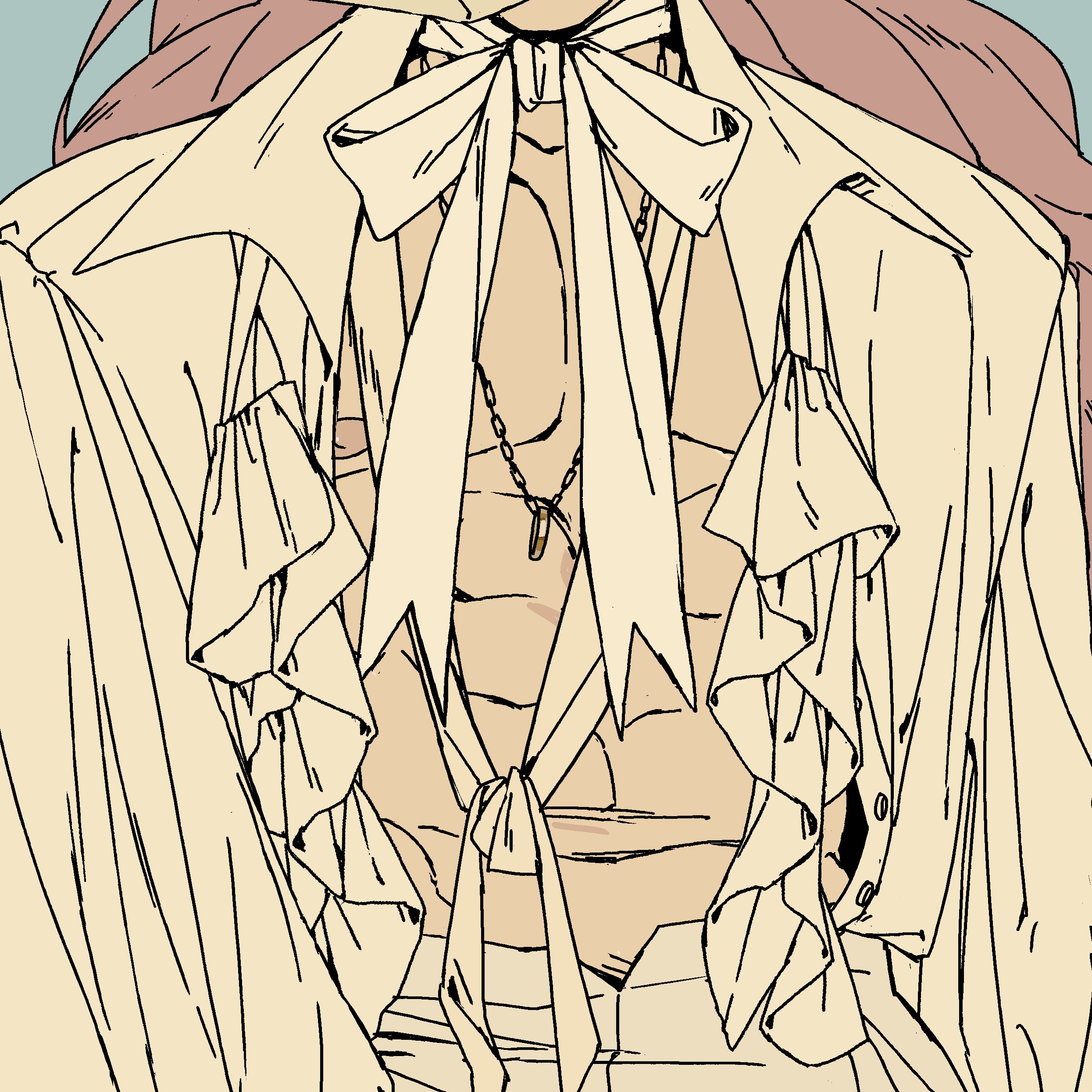 a line drawing of a male anime character in a white shirt with a large bow tie, ruffles, and a necklace. the character has a toned, muscular upper body and the lines are thin and elegant. the overall style is reminiscent of japanese manga.