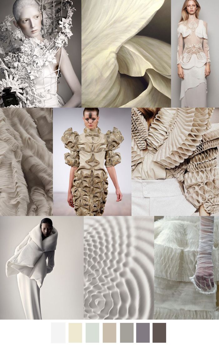 a collage of fashion images, featuring different textures and fabrics in various shades of white, cream, beige, and gray. the collage showcases intricate details and abstract patterns, with an emphasis on modern and avantgarde design. the images capture the essence of contemporary highfashion, highlighting the interplay of texture, form, and silhouette. the collage serves as a visual inspiration for designers and fashion enthusiasts alike, offering a glimpse into the world of cuttingedge fashion.