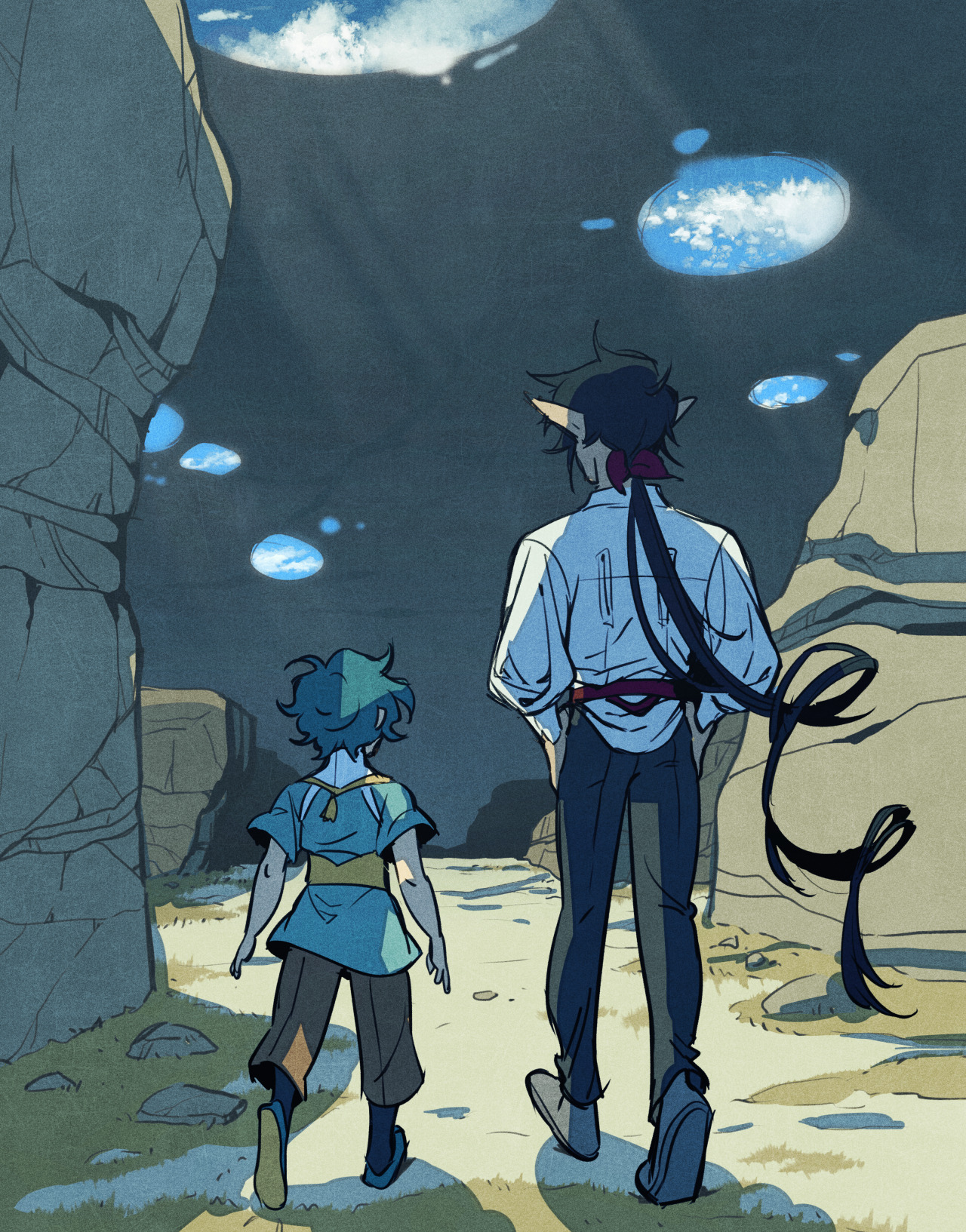 the illustration depicts two figures, an adult and a child, walking away from the viewer down a path in a canyon. the canyon walls are high and rocky, with openings at the top revealing patches of blue sky and fluffy clouds. the light source seems to be behind the figures, creating a sense of backlighting and casting long shadows on the path. the adult figure is taller, with dark hair and a long tail, wearing a white shirt and dark pants. the child figure is smaller with green hair, wearing a yellow shirt and brown pants. the overall mood of the illustration is one of adventure and exploration, with a touch of mystery added by the unusual sky and the unknown destination of the characters.