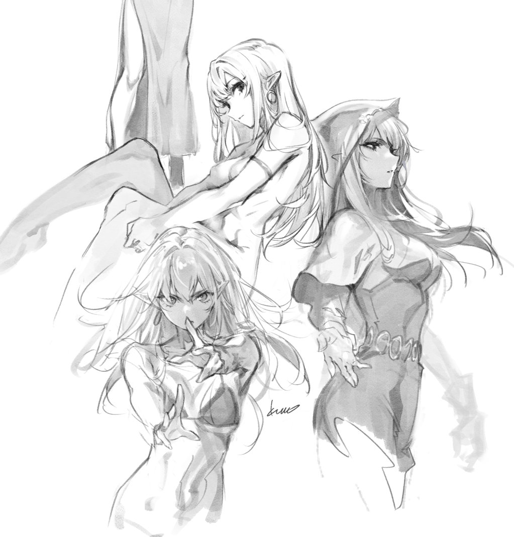 a black and white sketchy animestyle drawing features three elf women in various poses. one is seated, one is pointing with her finger to her mouth, and the last one has a hood.