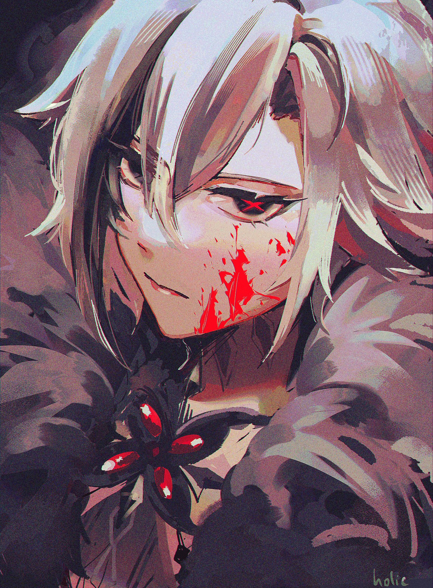 this image is an animestyle drawing of an albino male character. the character has white hair, red eyes, and blood splattered on his face. he's wearing a black outfit that features a black flower with red in the center. the overall style is dark and dramatic.