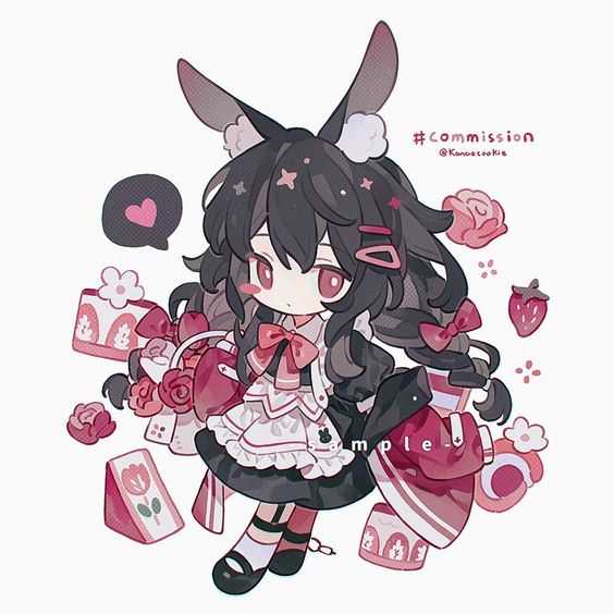 the image features a chibistyle illustration of a bunny girl dressed in a maid outfit. she has long black hair adorned with a red ribbon and bunny ears. the girl is surrounded by roses, sweets, and gifts, all designed in a soft, pastel color scheme.