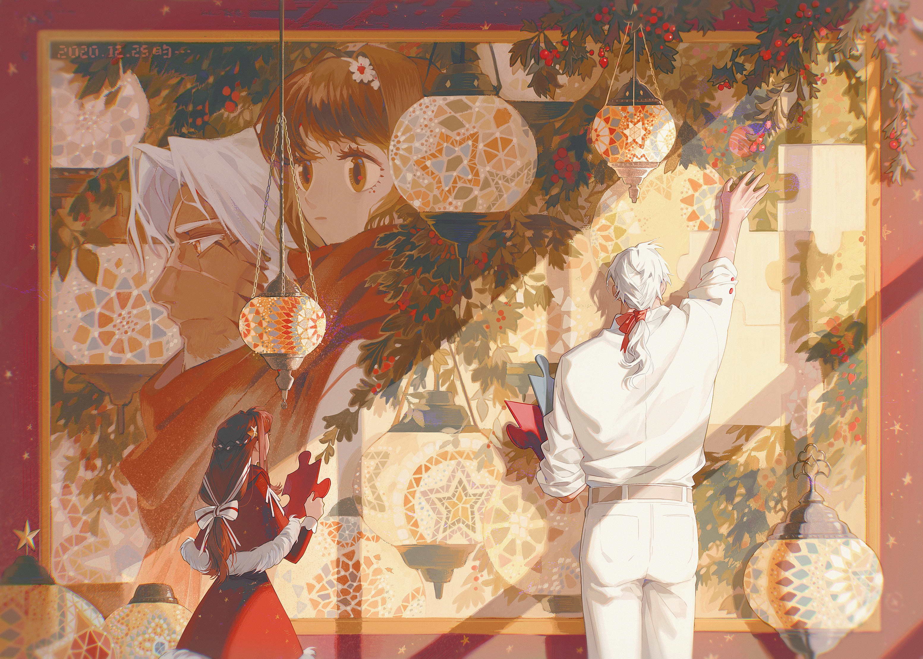 the image shows a beautiful illustration of a couple. the girl is standing on the left and the boy is standing on the right. they are looking at each other with loving eyes. the image is set in a beautiful room with an intricate design. the walls are covered in a floral pattern and there are many lamps hanging from the ceiling. the girl has long red hair and is wearing a red dress. the boy has white hair and is wearing a white shirt. he is holding a red book in his hand. the image evokes feelings of love, joy, and happiness.
