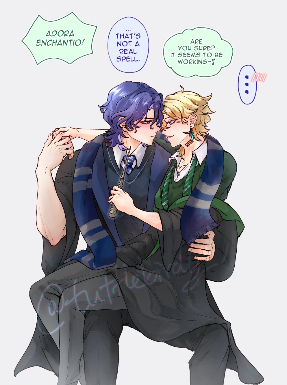 he image is a fanart drawing depicting two animestyle boys in hogwartsinspired school robes. one is wearing a gryffindor scarf and robe (blue/red), the other a slytherin scarf and robe (green). they are embracing and affectionate, with speech bubbles indicating a playful exchange about a spell.  the art style is soft and romantic. the setting is implied to be magical.