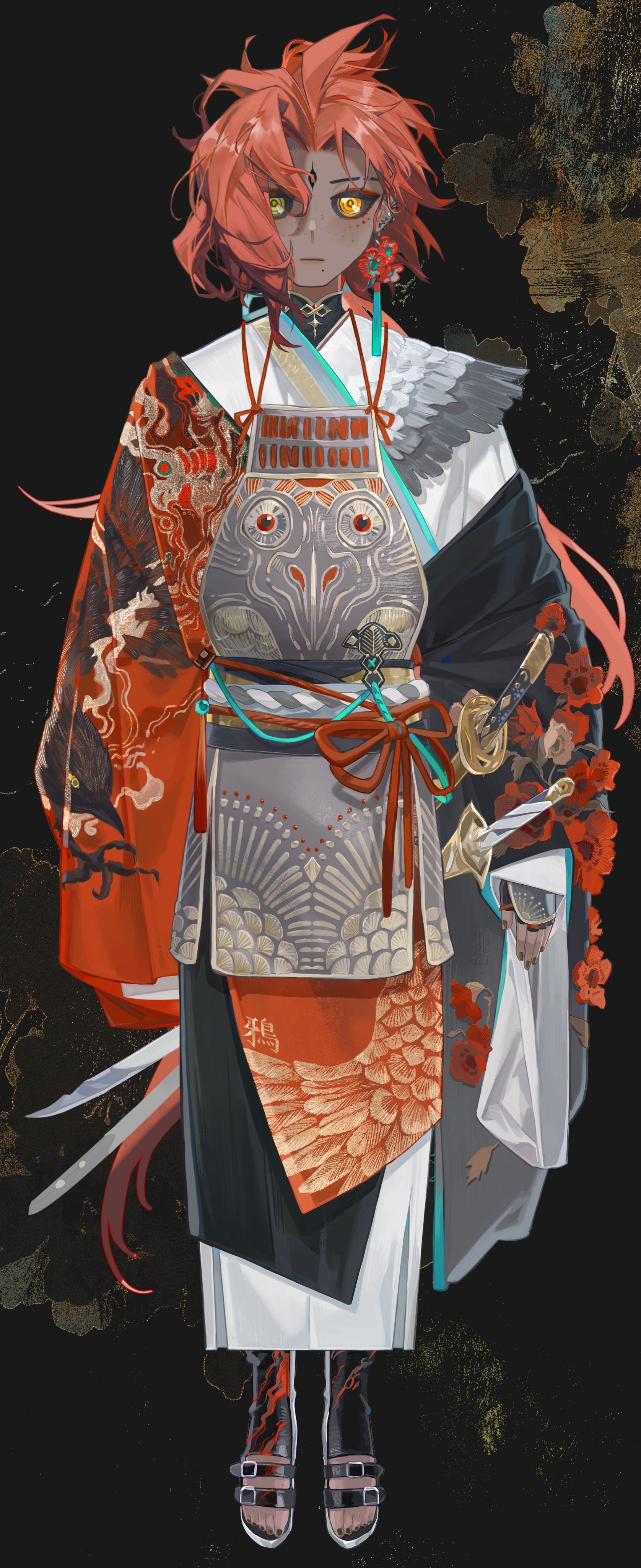 this is an image of a young anime character wearing a red and black traditional japanese kimono. they are holding two swords, one in each hand, and are wearing red and black shoes. the background is dark, making the character stand out.
