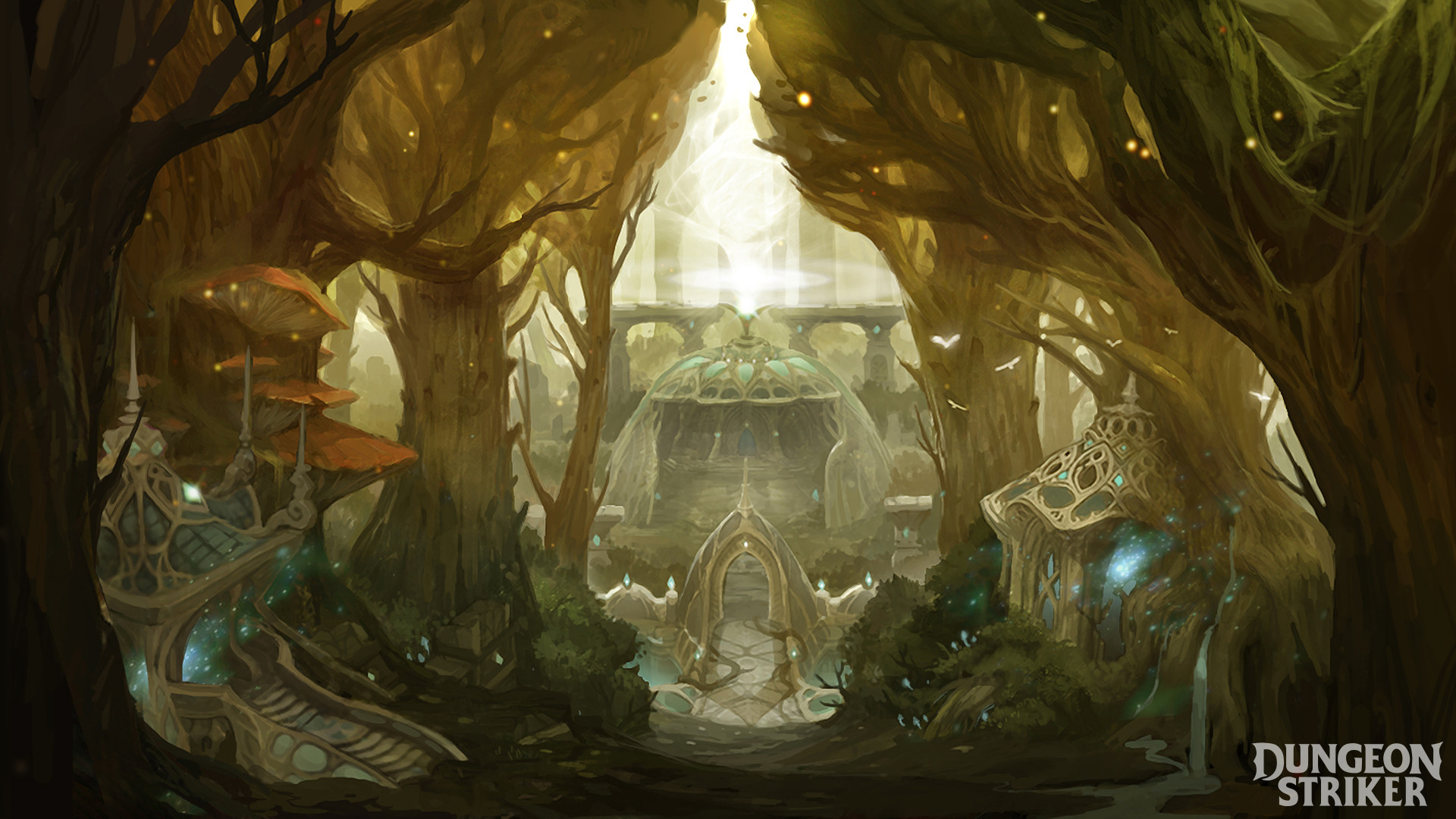 the image showcases an ethereal forest clearing, bathed in warm, inviting sunlight. majestic trees with sprawling branches frame a grand, intricatelydesigned stone archway, leading to a path that winds towards a larger, domeshaped structure. the architecture exhibits an elegant, organic style, with flowing lines and ornate details that blend seamlessly with the surrounding nature. smaller buildings with tiered roofs and delicate embellishments flank the path, hinting at a hidden civilization nestled within the woods. the overall atmosphere is one of tranquility and enchantment, inviting exploration and discovery.