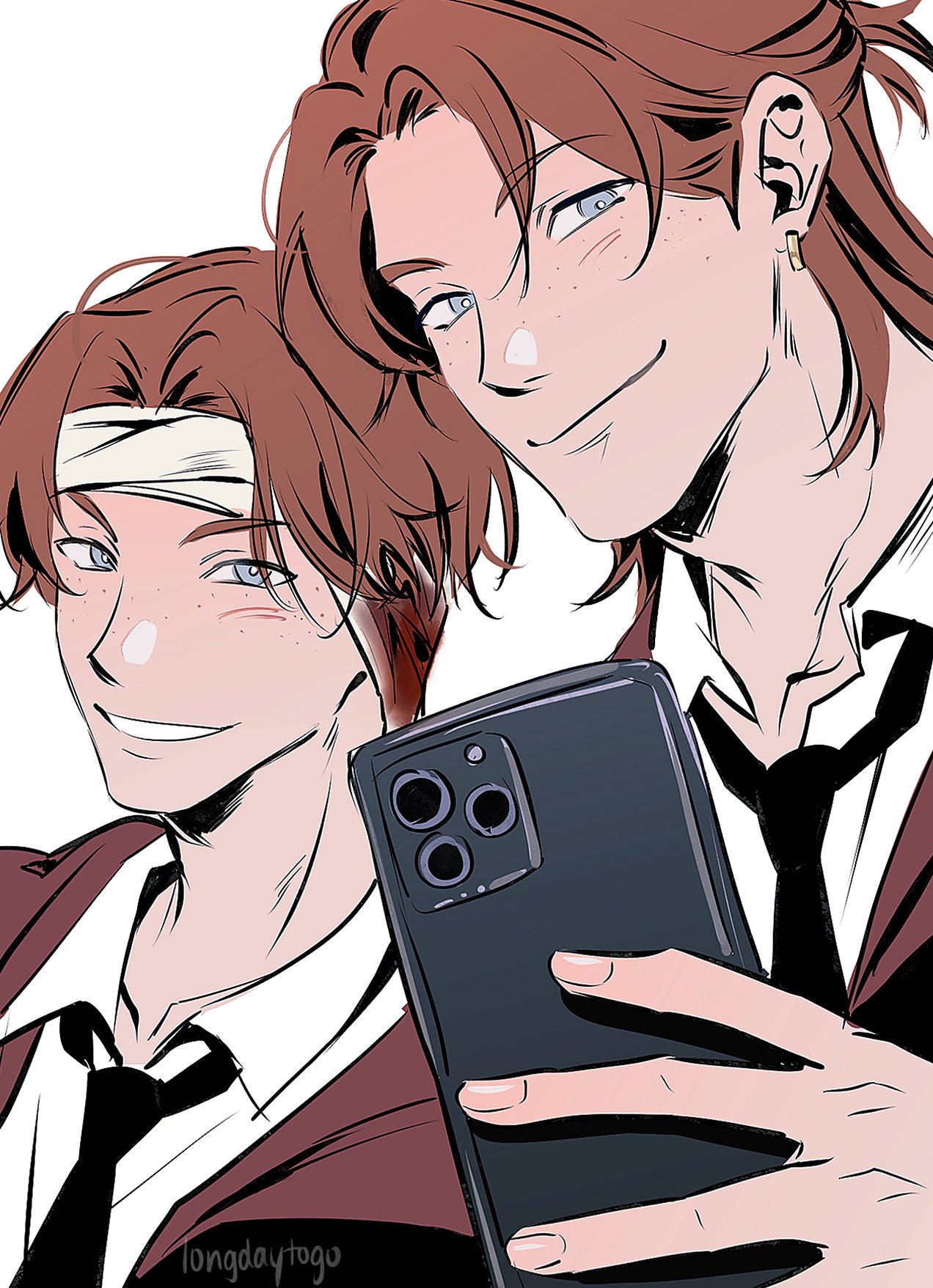 this is a digital drawing of two young men, possibly brothers or twins, who closely resemble one another.  they are taking a selfie with a smartphone. the man in the foreground has reddishbrown hair, freckles, and is wearing a suit and tie.  the man behind him is wearing a similar outfit and a headband.  their expressions are happy and cheerful. the art style is reminiscent of anime or manga.