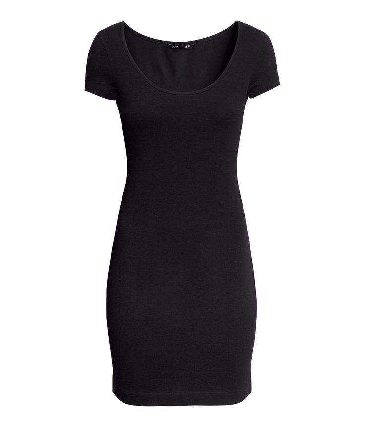 a black, fitted shortsleeved dress with a scoop neckline, designed in a bodycon style.