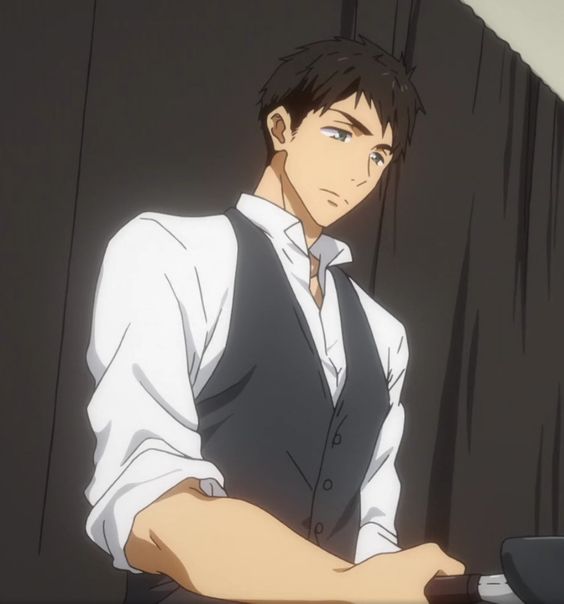 the image showcases a male anime character, depicted in a contemplative pose. he is dressed in a white shirt with the sleeves rolled up, complemented by a darkcolored vest. his expression suggests a moment of thoughtfulness or introspection. the art style leans towards realism within its anime aesthetic, evident in the detailed rendering of his features and clothing.