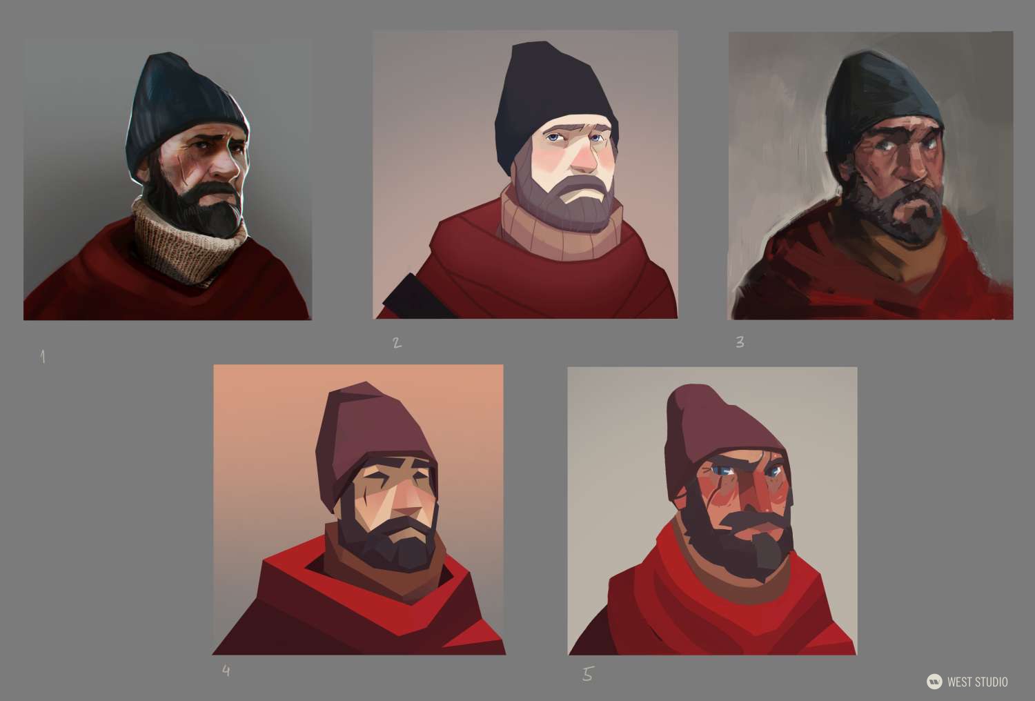 the image showcases five different stylized portraits of the same male character. he has a beard and is wearing a beanie and a red scarf. the portraits seem to explore different color palettes and lighting styles, potentially for an animation or video game.