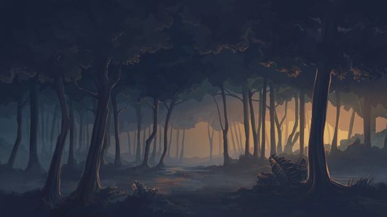 a shadowy forest with a dirt path leading through the center. the sun is setting in the background, casting an orange glow on the trees in the distance. the foreground is dark and mysterious, with thick fog obscuring the trees.