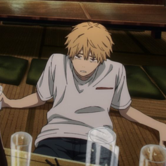 a young blonde anime boy with a tired expression, possibly bored or drunk, is sprawled on the floor of a home with empty glasses surrounding him.  the image has a slightly melancholic mood with a limited, neutral color palette.