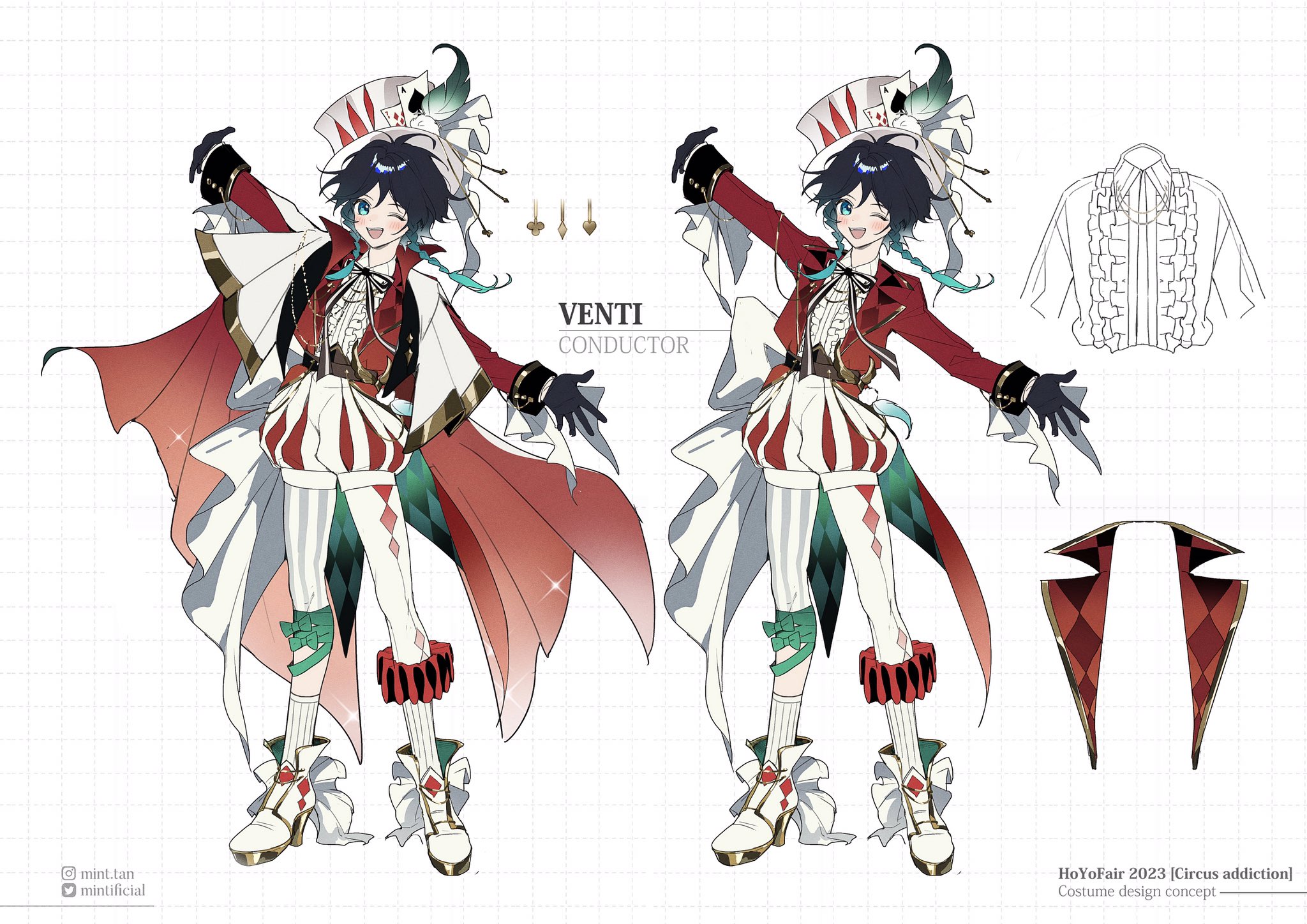 this is an illustration of venti from genshin impact. he is wearing a red and white circus conductor outfit, complete with a top hat, ruffled shirt, and cape. his outfit is decorated with cardshaped patterns and red accents.