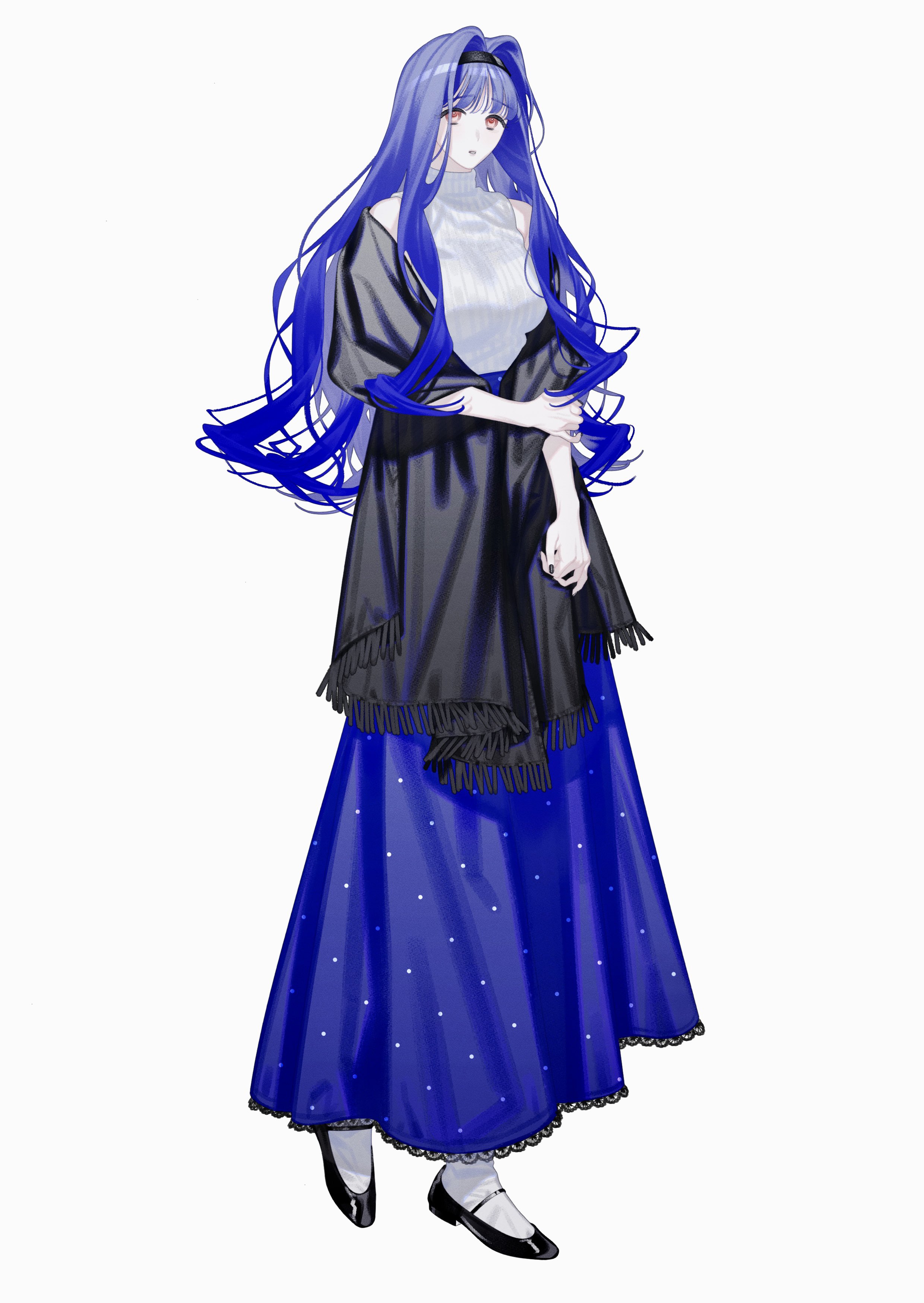 the image is a digital illustration of an anime girl. she has long, flowing blue hair and is wearing a long, royal blue polka dot dress.  over the dress, she wears a black shawl with fringes. she's standing with her arms crossed in front of her. her shoes are darkcolored, and the background is plain white.  the overall style is elegant and sophisticated.