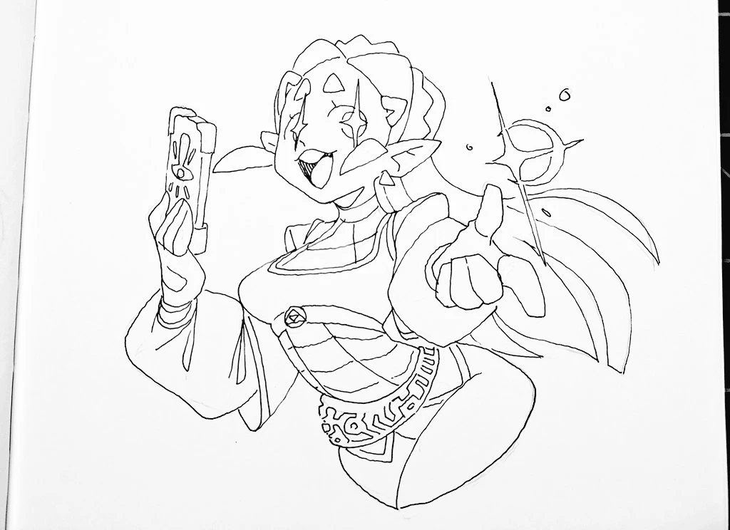 a black and white line art illustration of an anime elf girl. she has pointed ears and is wearing a stylized, medievalinspired outfit. she is holding a phone or smartphone in her left hand and pointing with her right hand toward the viewer. she is smiling happily and there are sparkles around her.
