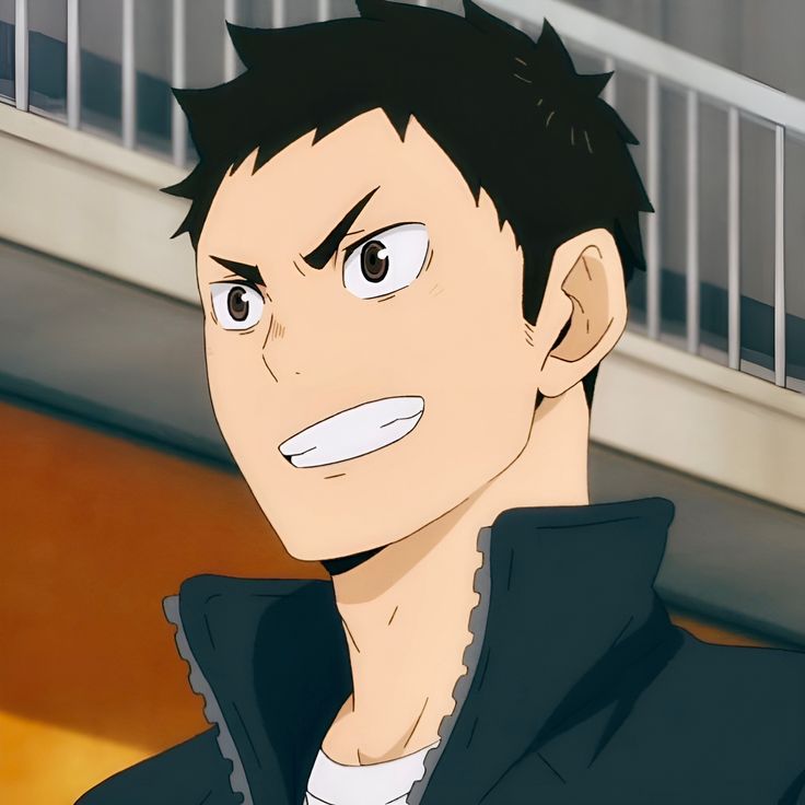 this is an image of a young male anime character, possibly a teenager, with black hair, a black jacket and a white shirt, looking to the left with a smile.