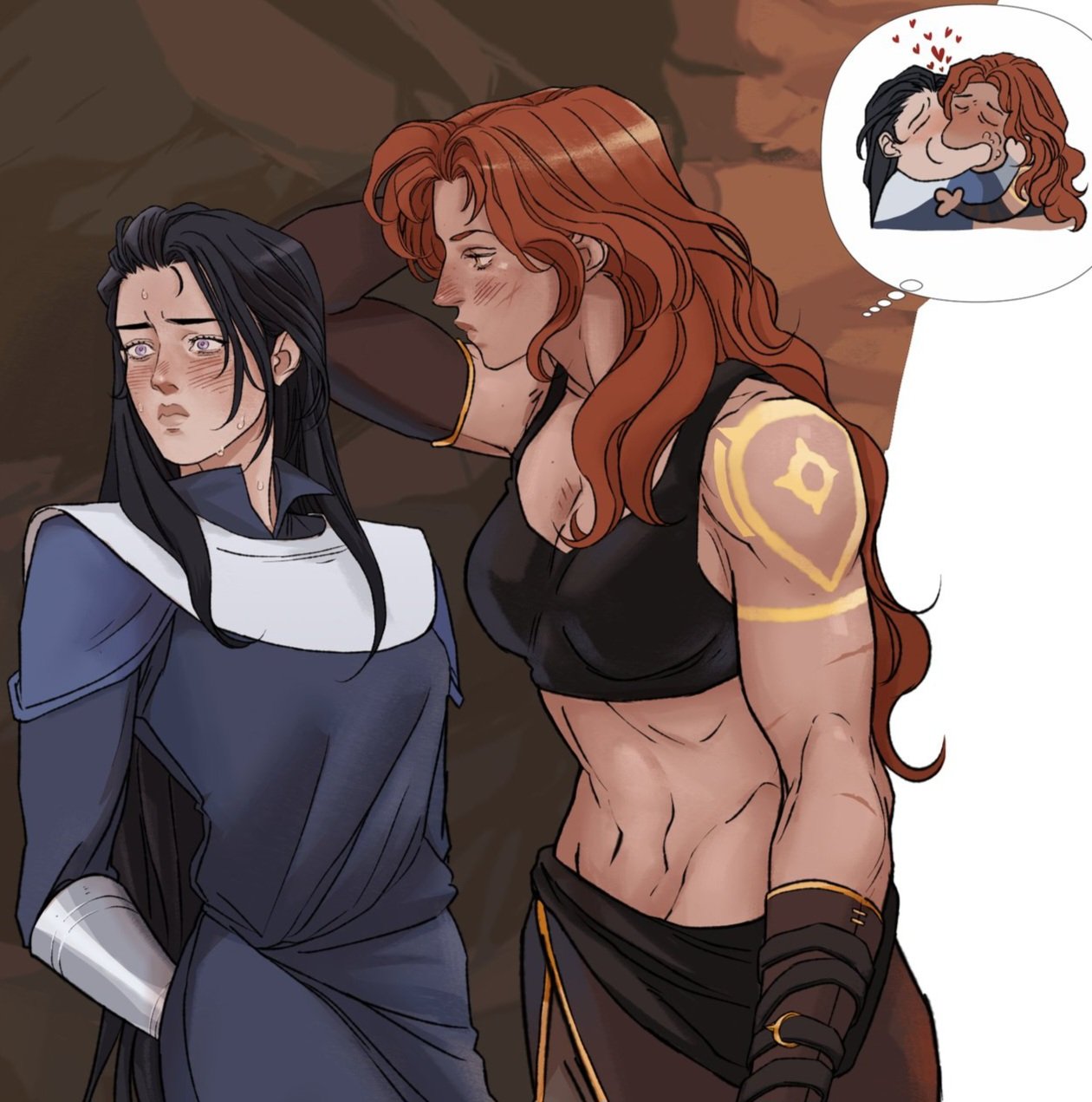 an illustration depicts two women, one with red hair and the other with black hair, in what appears to be a romantic or intimate scenario. the woman with black hair seems embarassed, with blush on her cheeks and a nervous expression. the woman with red hair has one arm up near the blackhaired woman's head, possibly indicating closeness or a gesture of affection. a thought bubble shows the two of them kissing, suggesting the nature of their relationship. both are drawn in a cartoon style, with detailed features.