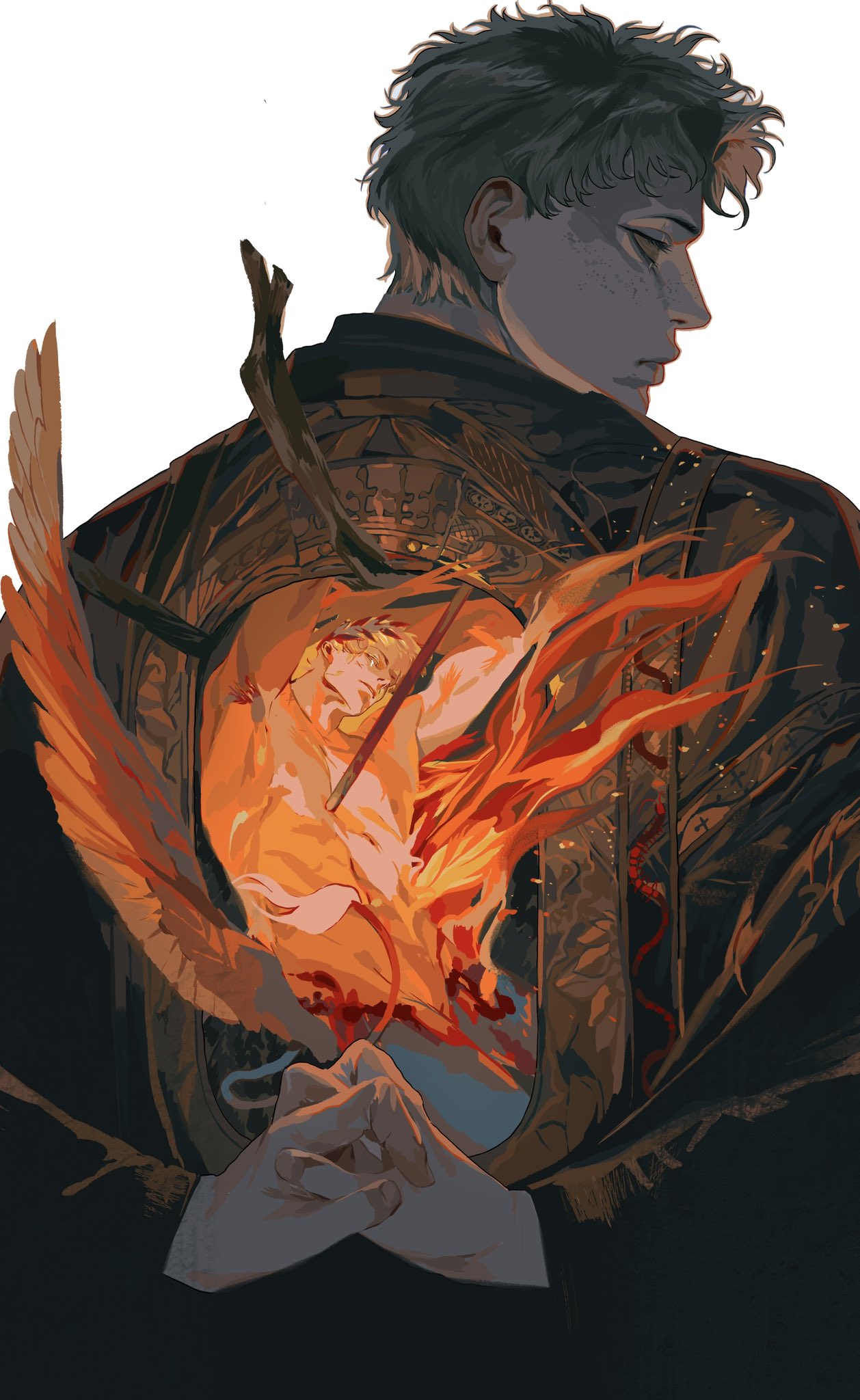 a digital art illustration depicts a man with short, dark hair and a contemplative expression, his head slightly turned to the right. he is wearing a dark jacket with an elaborate design featuring a phoenix engulfed in flames on the back. his hands are clasped together in front of him. the overall style is reminiscent of anime.