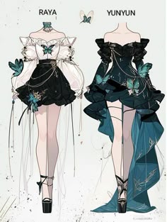 this is an anime illustration of two characters wearing elaborate and fashionable outfits. they both have long flowing hair,  and their outfits feature intricate details like lace, frills, and butterfly motifs. the character on the left is wearing a white and black dress with butterfly wings, while the character on the right is wearing a black and blue dress with a long flowing train. they both are wearing fancy shoes and accessories that match their outfits. the illustration is done in a beautiful style with vibrant colors and delicate linework.