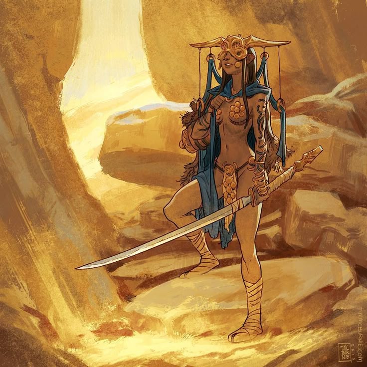 a stylized illustration depicts a woman standing in a desert or rocky landscape. she is wearing a mask, a blue cape, and minimal clothing. she is holding a sword, and her attire and the sword suggest a warrior or fantasy character. the background consists of rocks and desert terrain.