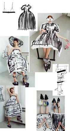 this is a collage of different fashion editorials showcasing models wearing black and white clothing with abstract prints. the images are in different poses, with various accessories and shoes. the overall style is contemporary and artistic.