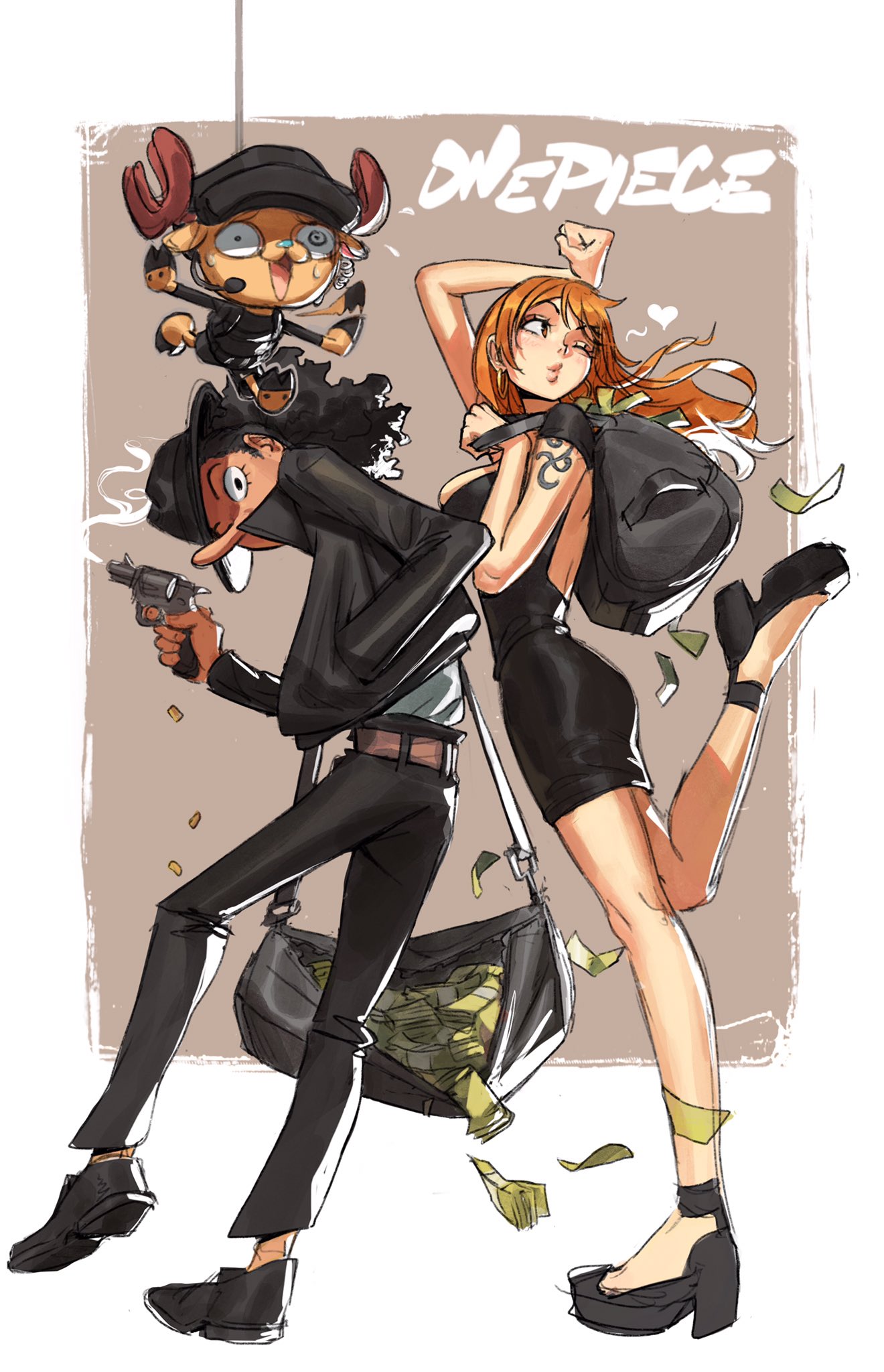 the image is a stylized digital fanart of characters from the popular anime and manga series one piece.  it depicts nami (in a short black dress and highheeled sandals), usopp (in a black suit and holding a gun), and tony tony chopper (in his usual reindeer form) engaged in what appears to be a robbery or heist.  they are carrying a bag full of money, with cash scattered around them. the style is dynamic and actionpacked, with the characters in midmovement.  the background is a muted beige tone, allowing the characters and their actions to be the focal point.  the title "one piece" is scrawled across the upper middle of the image. the overall feel is slightly humorous and edgy.