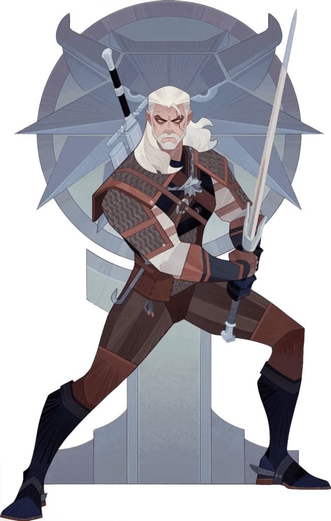 the image is an illustration of geralt of rivia, the protagonist of the witcher series. he is depicted in a stylized, almost cartoonish manner, standing in a combatready pose. he wears his signature studded leather armor and holds his silver sword in his right hand, with a second sword strapped to his back. the background features a stylized representation of the wolf medallion, a symbol closely associated with the character.