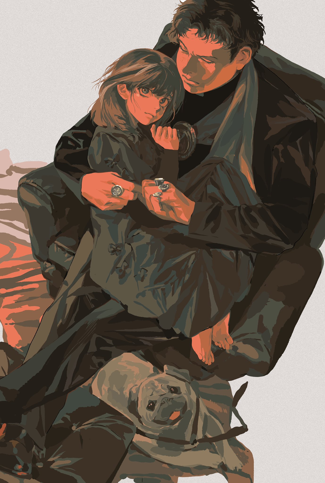 an animestyle illustration features a man sitting with a girl on his lap, embracing her. a pug dog is also present, lying at the man's feet. the man is wearing a dark outfit and a scarf, while the girl is dressed in a dark jacket. both are wearing rings. the girl has a serious expression.