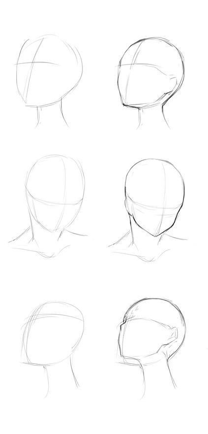 the image displays a sketch tutorial on constructing a head in various angles, likely for drawing anime or manga characters. six sketches are arranged in two columns, illustrating the process step by step from a basic circle with guide lines to a more defined head shape and neck.