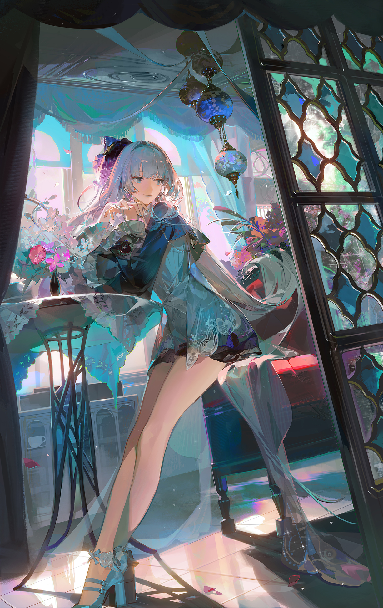 the image is a digital painting or illustration of an anime girl. she has long, light blue hair and is wearing a beautiful teal and blue dress with lace details. she is sitting at a small table with flowers next to her. the setting is a room with large windows and an ornate stained glass screen. the overall style is elegant and fantasylike.
