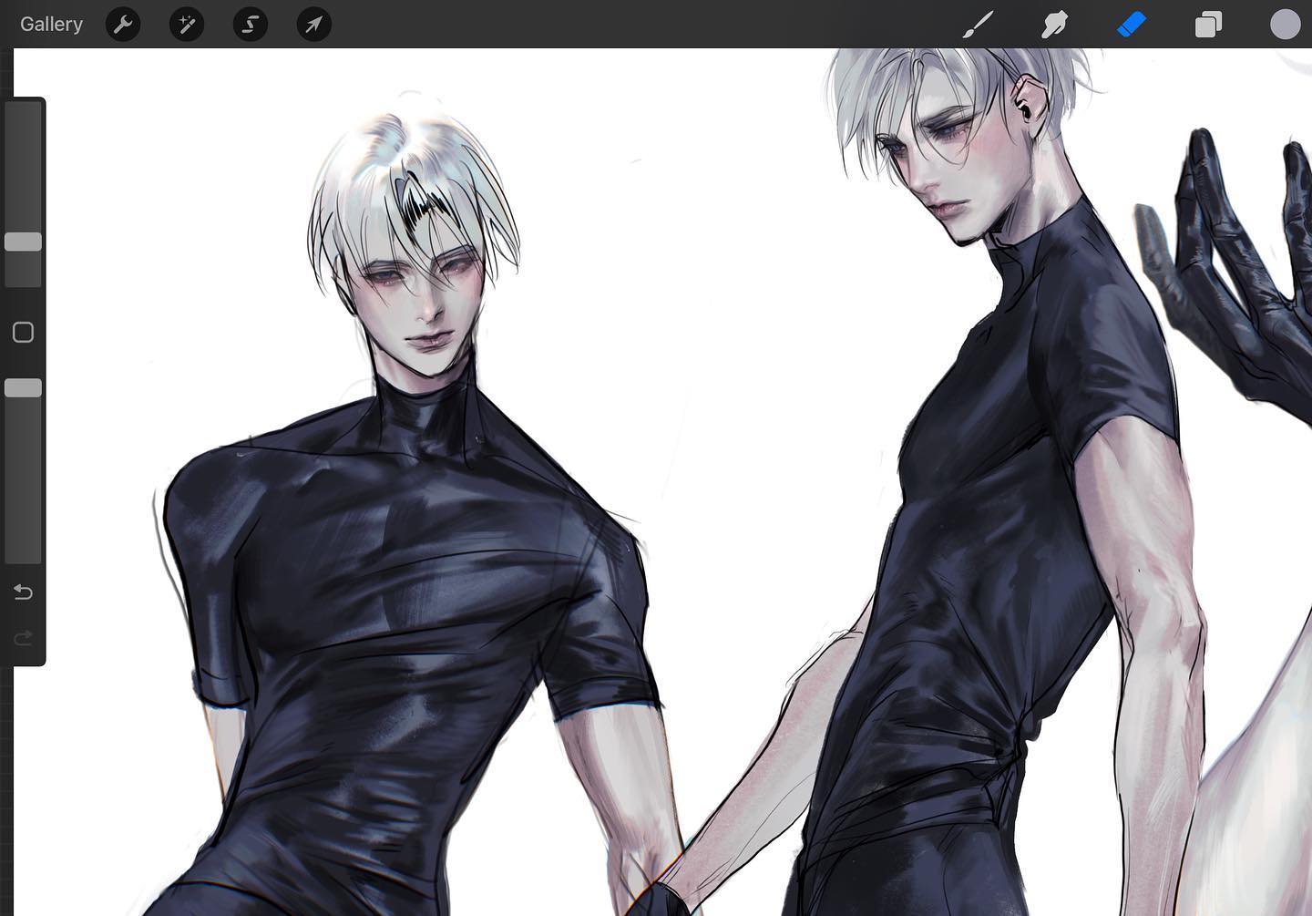 the image shows a digital art sketch of two young men, likely inspired by anime or manga. they are both slender and dressed in formfitting black athletic wear, suggesting a sport like figure skating or dance.  the figures are rendered in a style that focuses on line and form, with shading used to create volume and depth. the piece is primarily in grayscale, utilizing subtle variations in tone to create a sense of light and shadow. the background is entirely white, drawing all attention to the figures and their implied movement.