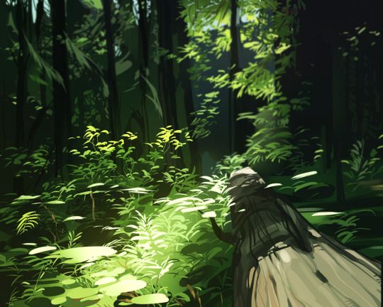 the image is of a lush green forest with sunlight streaming through the trees. the viewer's perspective is from the ground, looking up at the trees and the sunlight. there is a large tree trunk in the foreground, lying on its side.