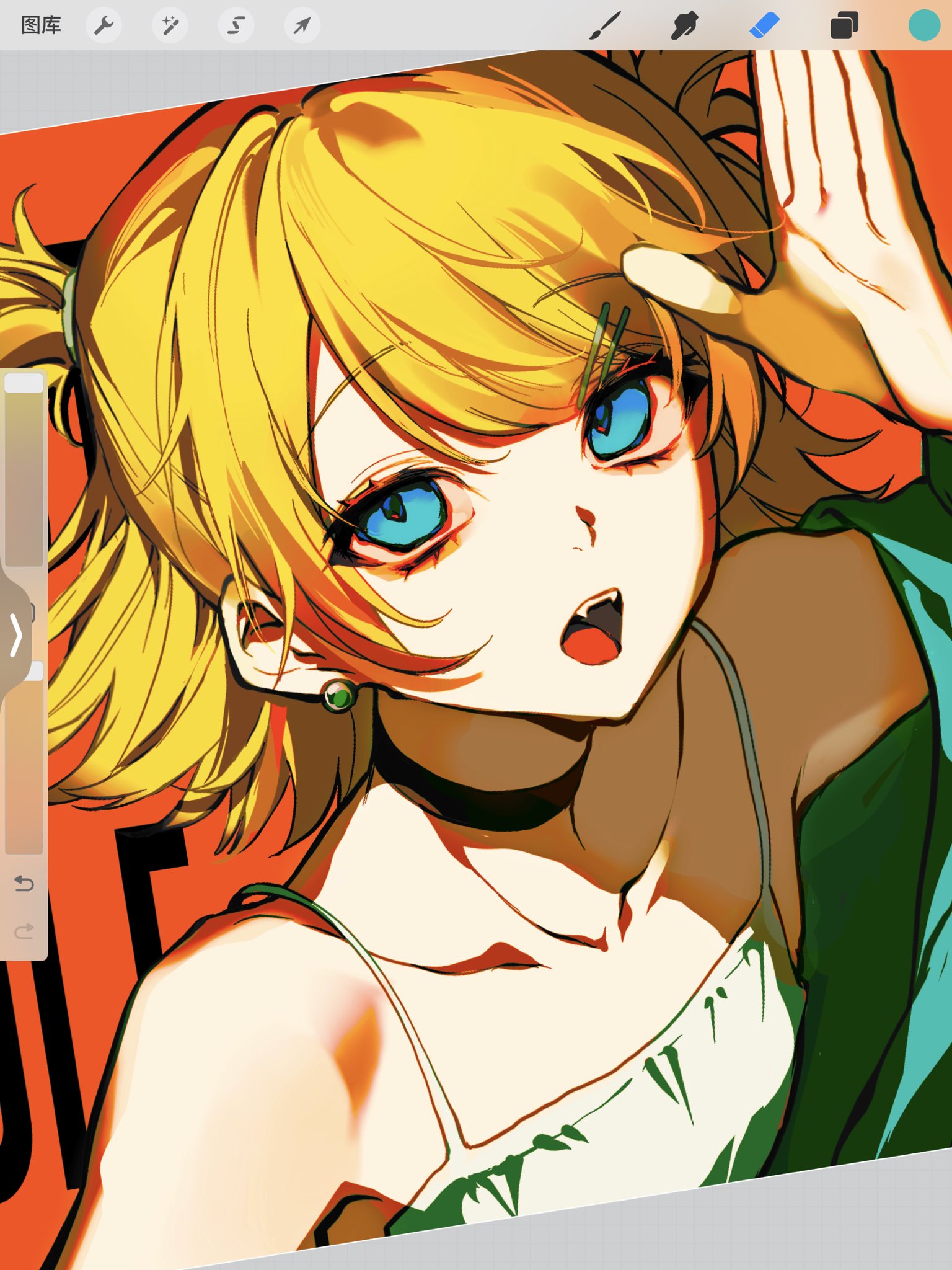 the image is a vibrant digital painting or illustration of an animestyle girl.  she has bright yellow hair styled in pigtails, striking blue eyes, and is wearing a green sleeveless top. her expression is energetic and slightly mischievous. the art style is bold and graphic, utilizing strong contrasting colors and a pop artlike aesthetic.  the background is a simple orange, allowing the character to be the clear focal point. the image appears to be a work in progress, shown on a digital art tablet interface, with various tools visible at the top.