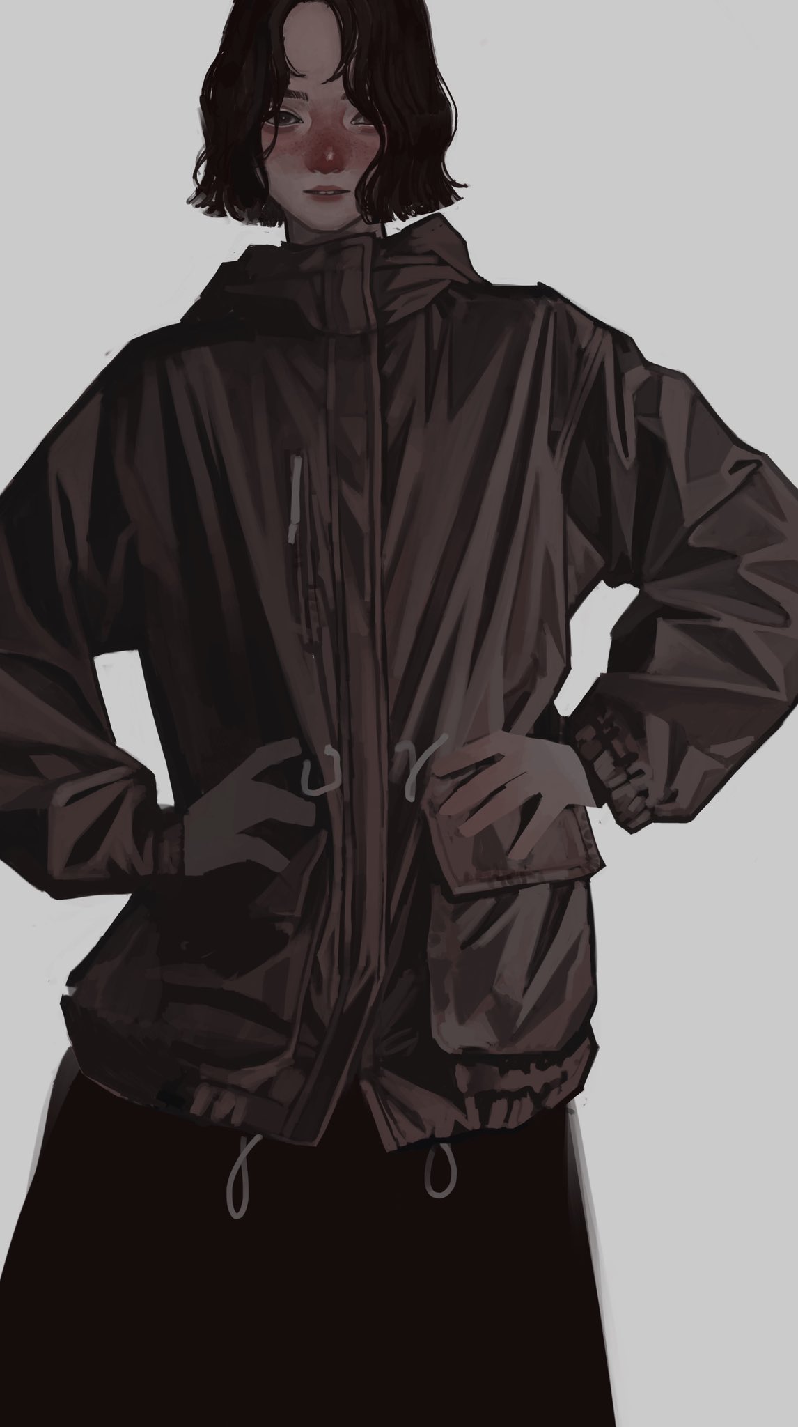 he image is a stylized digital painting or drawing of an animestyle girl. she has short, dark brown hair, rosy cheeks, and is wearing a dark brown hooded jacket. she's posing with her hands on her hips, and the overall style is somewhat realistic but with animelike features. the background is plain grey.