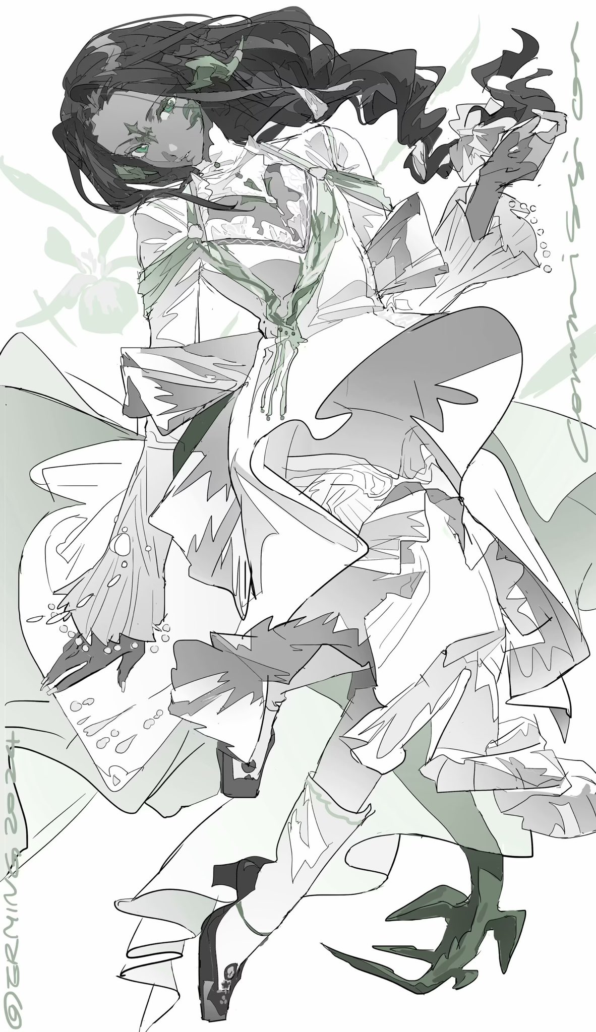 a digital illustration of an anime girl with long black hair and green eyes. she is wearing a white coat and dress, with her left leg and arm extended, as though she is about to fly. she appears to be a magical girl, with white, feathery wings. the image is very detailed and realistic, and is created in a graphic design style.