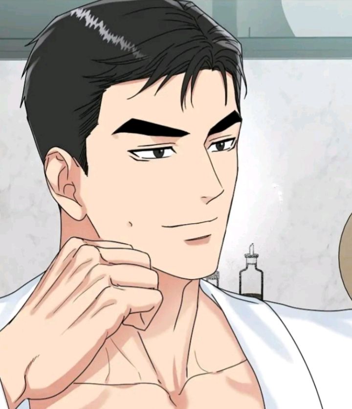 a black and white illustration of a man with dark hair and sharp features looking in the mirror while shaving. he has a towel draped over his shoulders and his hand is raised to his chin. the background suggests a bathroom setting, with hints of a mirror and toiletries. the man's expression is confident and attractive.