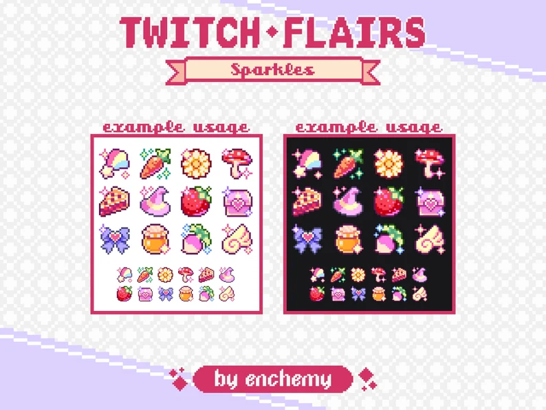 a set of pixel art icons with a sparkly theme. the icons are designed to be used as twitch flairs. the icons are arranged in two columns, one with a white background and one with a black background. the icons include images of a rainbow, carrot, sunflower, mushroom, pie, strawberry, heart, letter, bow, jar, honey, wings, and potion.