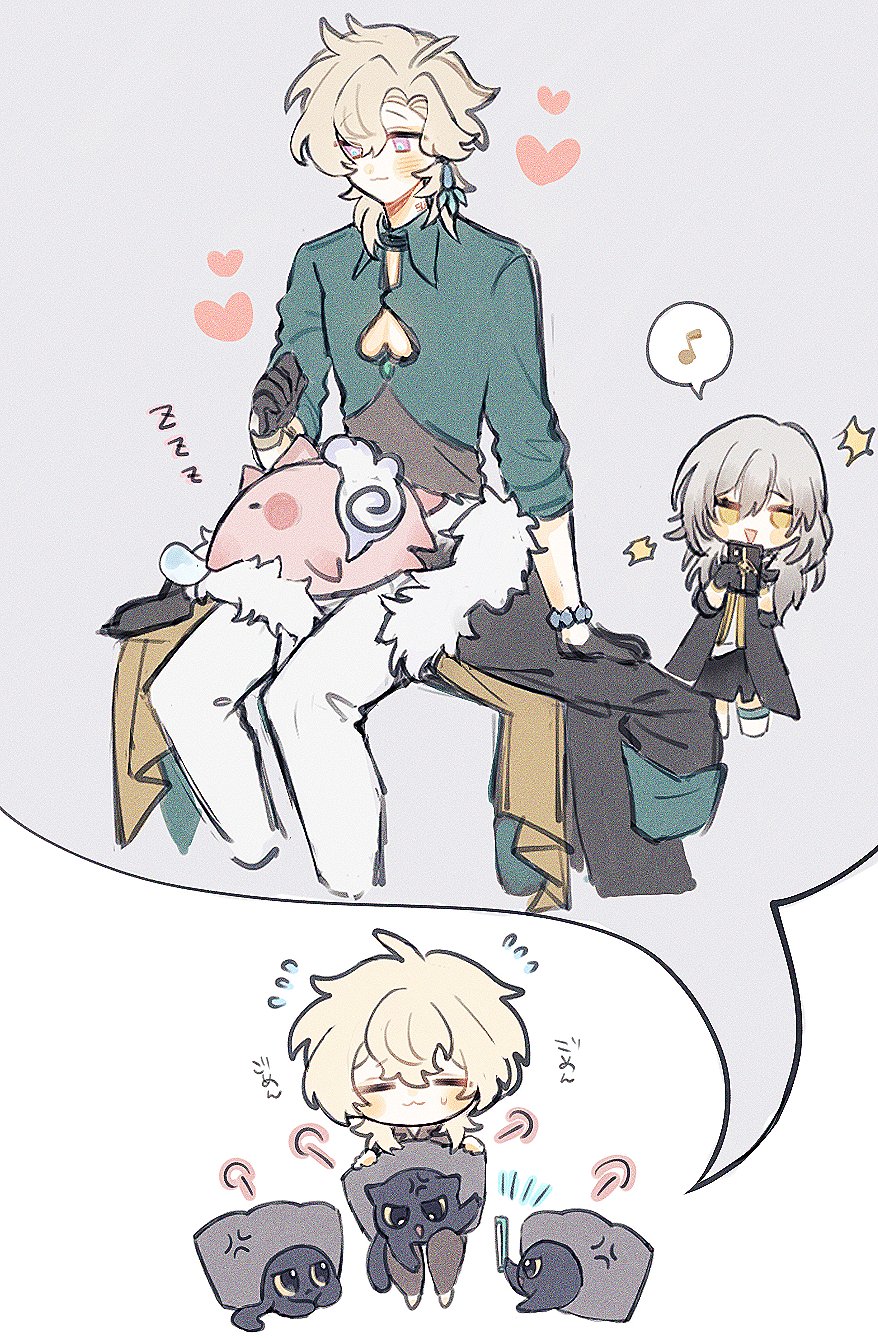 his is a digital fanart illustration depicting several chibistyle characters. the main focus is on two larger characters, one appearing to be a male with blonde hair, wearing a tealgreen jacket, and holding a fluffy pink creature. beside them, a smaller girl with gray hair is present. the larger male character appears slightly tired, while the girl appears curious. below, there are three small, angry creatures resembling black cats. the style is cute and friendly. the overall atmosphere is lighthearted and playful.  the image suggests a scene from a fantasy setting, possibly referencing the game genshin impact, given the character designs.
